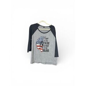 Delta Apparel Womens 2XL Patriotic Sunflower Raglan Tee Gray Navy 3/4 Sleeve Top